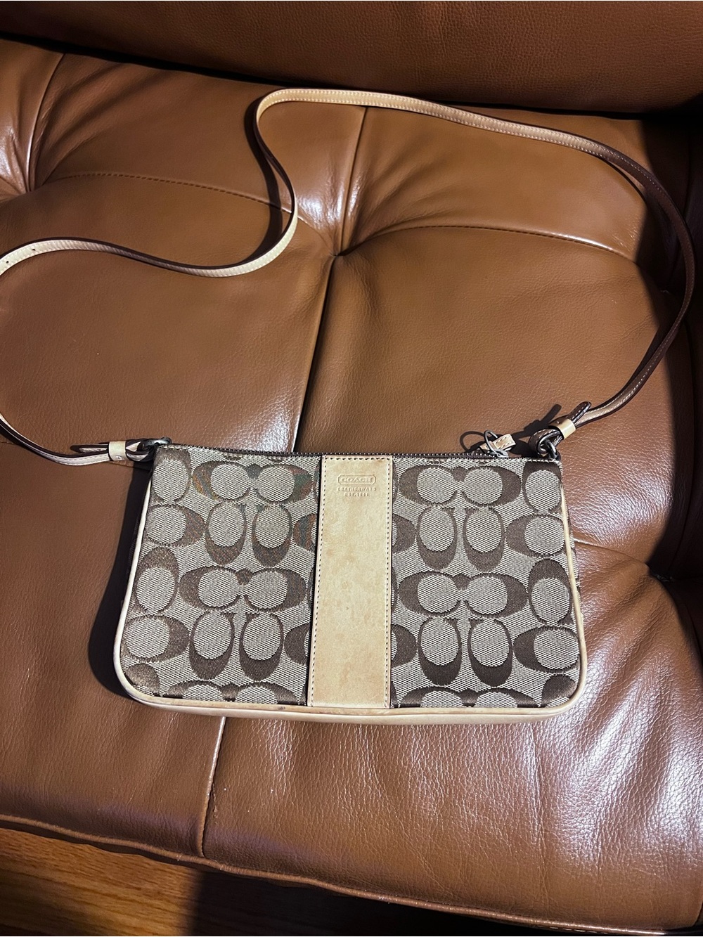 Coach Brown Signature Canvas Crossbody with Beige Trim